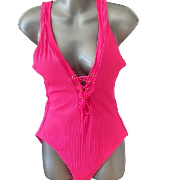 Becca Women's Pink Lace-Up One Piece Swimsuit Size L - Picture 2 of 7